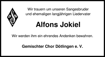 Traueranzeige von Alfons Jokiel von Nordwest-Zeitung