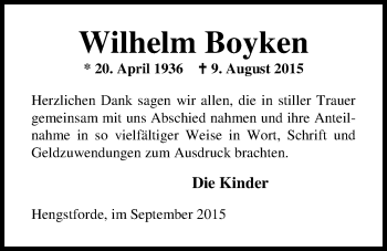 Traueranzeige von Wilhelm Boyken von Nordwest-Zeitung