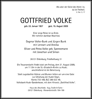 Traueranzeige von Gottfried Volke von Nordwest-Zeitung