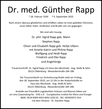 Traueranzeige von Günther Rapp von Nordwest-Zeitung