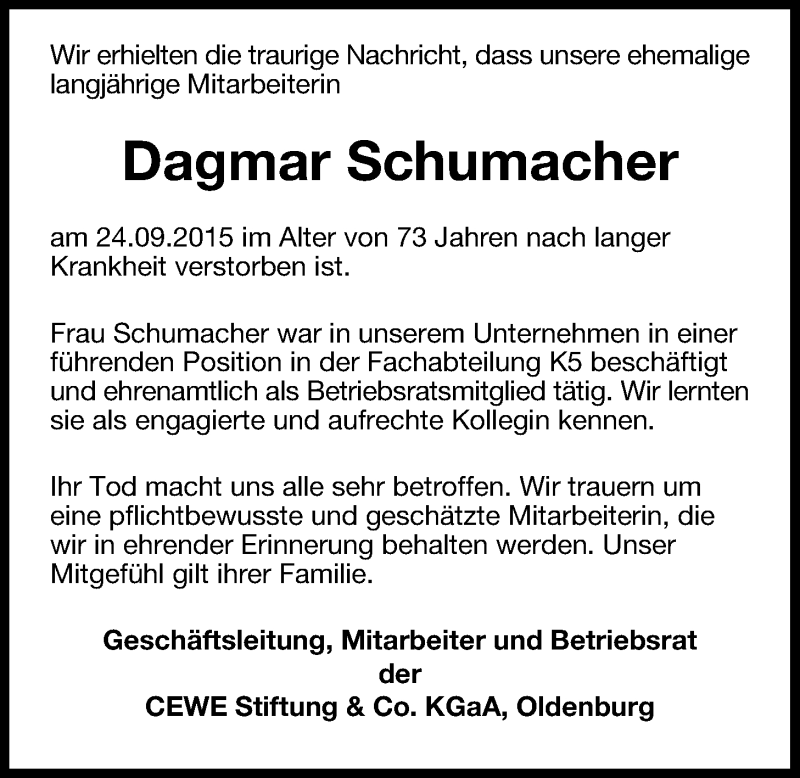  Traueranzeige für Dagmar Schumacher vom 30.09.2015 aus Nordwest-Zeitung