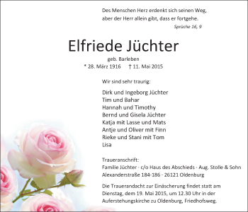 Traueranzeige von Elfriede Jüchter von Nordwest-Zeitung