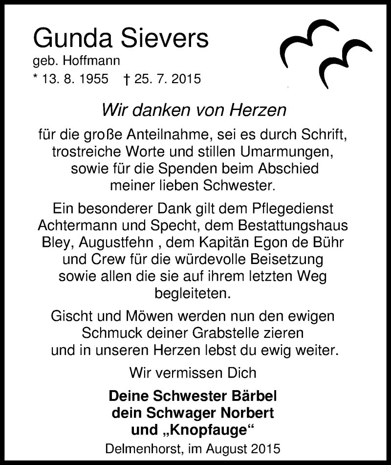 Traueranzeige für Gunda Sievers vom 15.08.2015 aus Nordwest-Zeitung