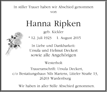 Traueranzeige von Hanna Ripken von Nordwest-Zeitung