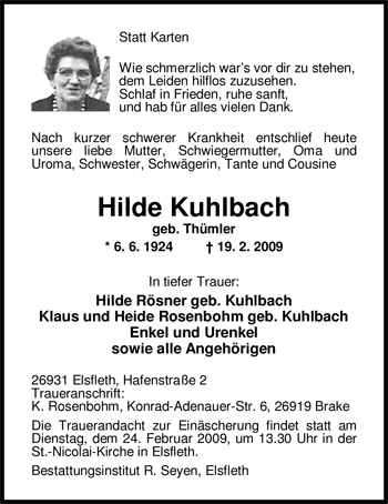 Traueranzeige von Hilde Kuhlbach von Nordwest-Zeitung