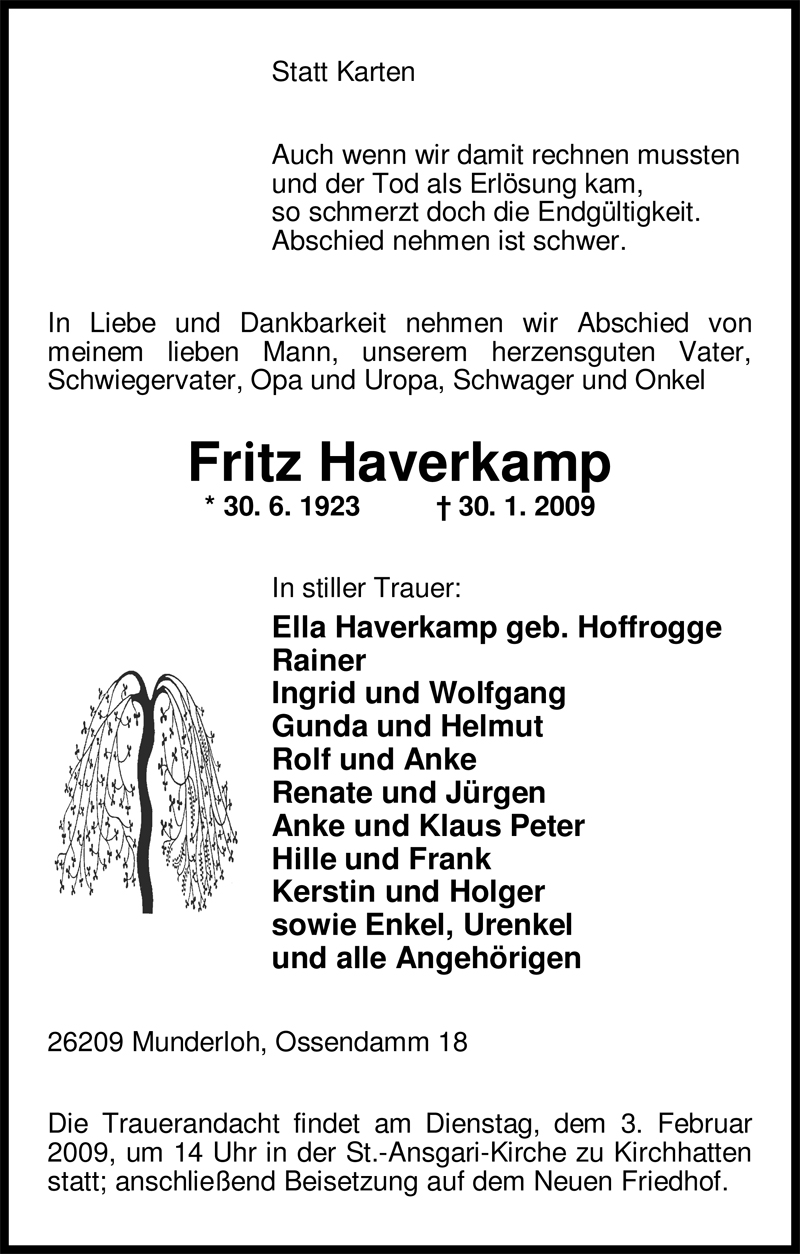  Traueranzeige für Fritz Haverkamp vom 31.01.2009 aus Nordwest-Zeitung
