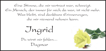 Traueranzeige von Ingrid Lohmann von Nordwest-Zeitung