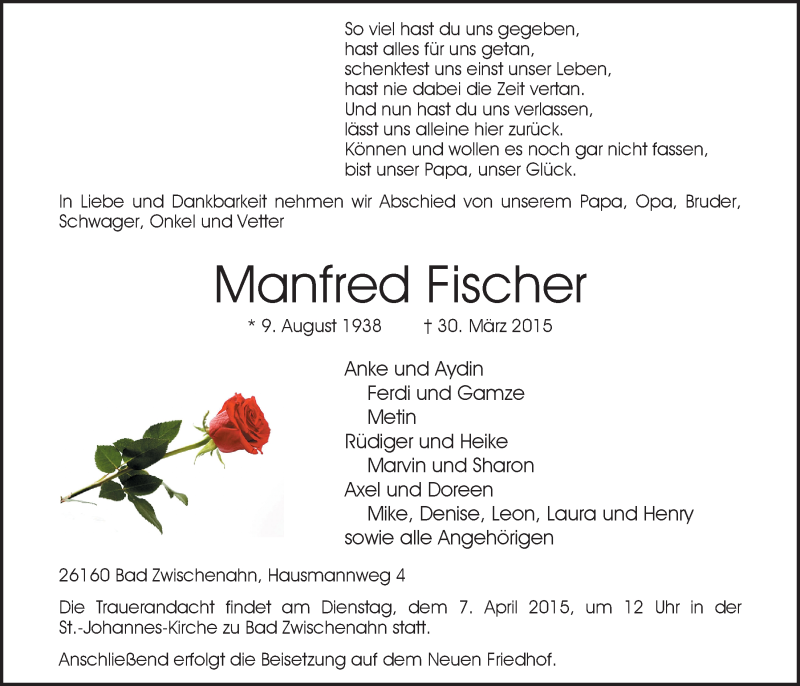  Traueranzeige für Manfred Fischer vom 02.04.2015 aus Nordwest-Zeitung