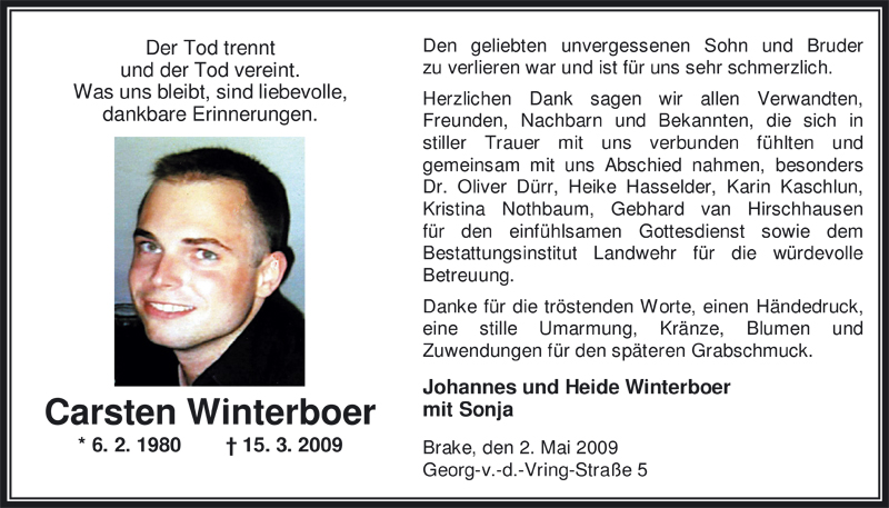  Traueranzeige für Carsten Winterboer vom 02.05.2009 aus Nordwest-Zeitung