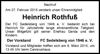 Traueranzeige von Heinrich Rothfuß von Nordwest-Zeitung