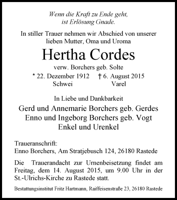 Traueranzeige von Hertha Cordes von Nordwest-Zeitung