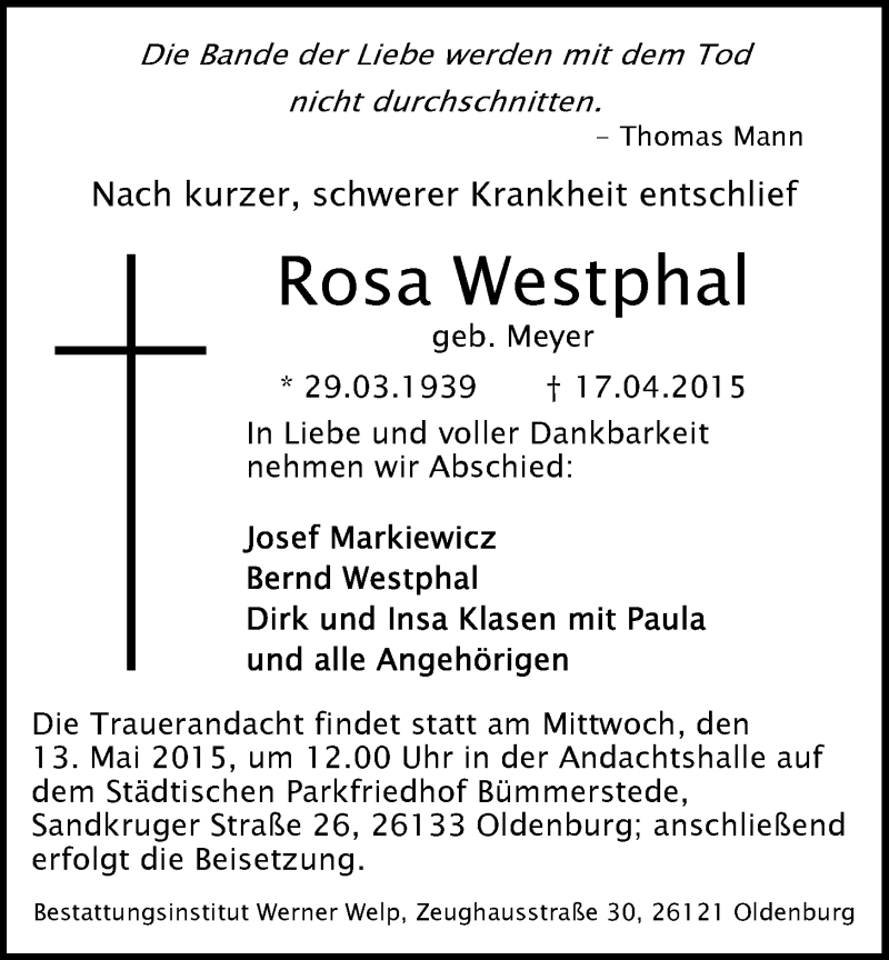  Traueranzeige für Rosa Westphal vom 06.05.2015 aus Nordwest-Zeitung