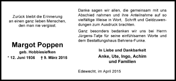 Traueranzeige von Margot Poppen von Nordwest-Zeitung