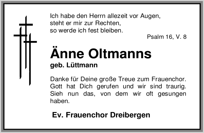  Traueranzeige für Änne Oltmanns vom 05.02.2009 aus Nordwest-Zeitung
