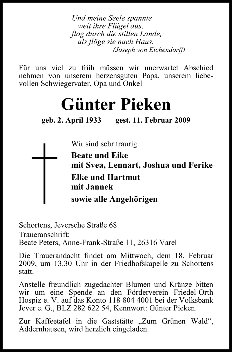  Traueranzeige für Günter Pieken vom 14.02.2009 aus Nordwest-Zeitung