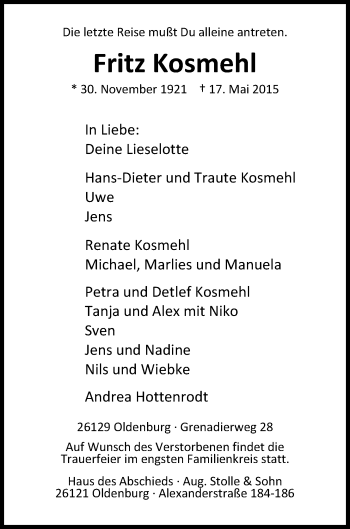 Traueranzeige von Fritz Kosmehl von Nordwest-Zeitung