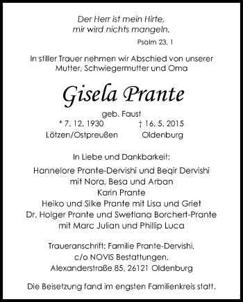 Traueranzeige von Gisela Prante von Nordwest-Zeitung