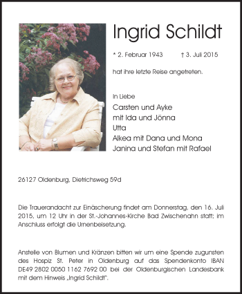Traueranzeige von Ingrid Schildt von Nordwest-Zeitung