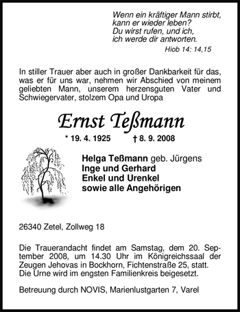 Traueranzeige von Ernst Teßmann von Nordwest-Zeitung