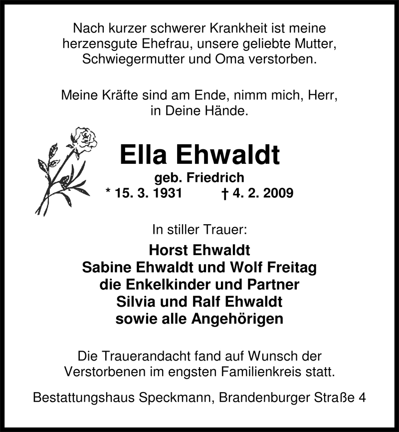  Traueranzeige für Ella Ehwaldt vom 07.02.2009 aus Nordwest-Zeitung