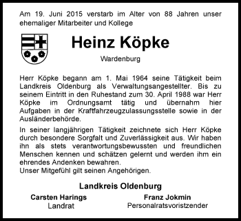 Traueranzeige von Heinz Köpke von Nordwest-Zeitung