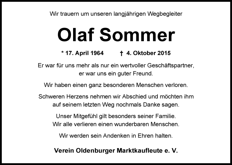  Traueranzeige für Olaf Sommer vom 09.10.2015 aus Nordwest-Zeitung