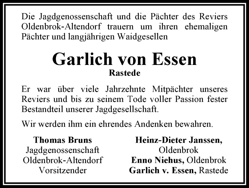  Traueranzeige für Garlich von Essen vom 09.06.2015 aus Nordwest-Zeitung