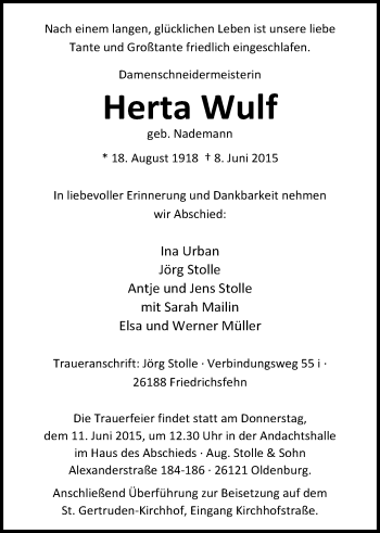 Traueranzeige von Herta Wulf von Nordwest-Zeitung
