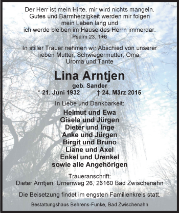 Traueranzeige von Lina Arntjen von Nordwest-Zeitung