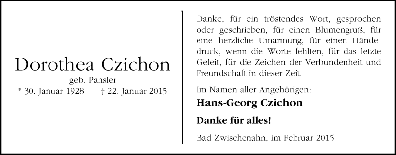  Traueranzeige für Dorothea Czichon vom 28.02.2015 aus Nordwest-Zeitung