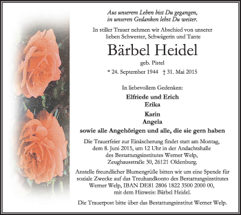 Traueranzeige von Bärbel Heidel von Nordwest-Zeitung