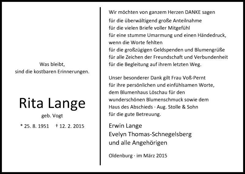  Traueranzeige für Rita Lange vom 28.03.2015 aus Nordwest-Zeitung