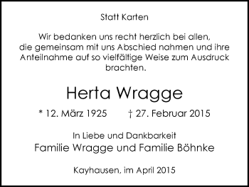 Traueranzeige von Herta Wragge von Nordwest-Zeitung