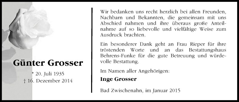  Traueranzeige für Günter Grosser vom 10.01.2015 aus Nordwest-Zeitung