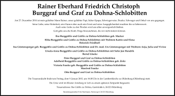 Traueranzeige von Rainer  Graf zu Dohna von Nordwest-Zeitung