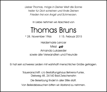 Traueranzeige von Thomas Bruns von Nordwest-Zeitung