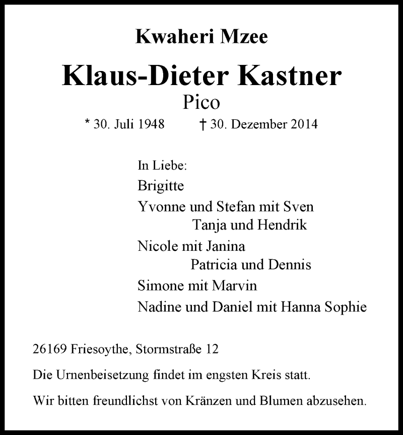  Traueranzeige für Klaus-Dieter Kastner vom 03.01.2015 aus Nordwest-Zeitung