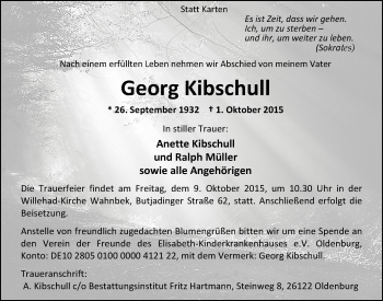 Traueranzeige von Georg Kibschull von Nordwest-Zeitung