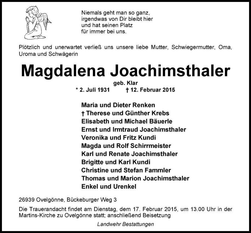  Traueranzeige für Magdalena Joachimsthaler vom 14.02.2015 aus Nordwest-Zeitung