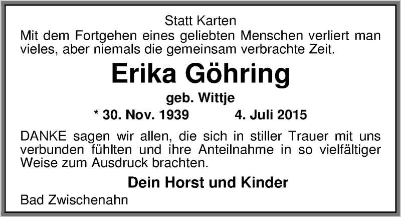  Traueranzeige für Erika Göhring vom 18.08.2015 aus Nordwest-Zeitung