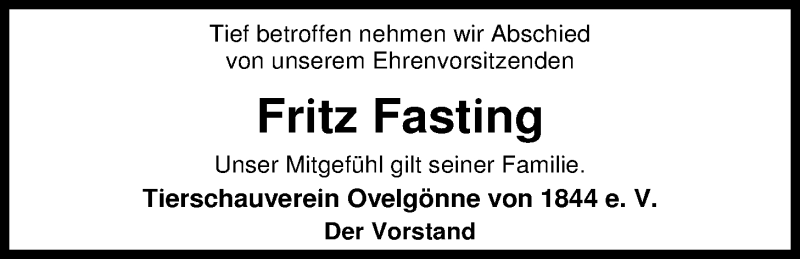  Traueranzeige für Fritz Fasting vom 24.04.2015 aus Nordwest-Zeitung