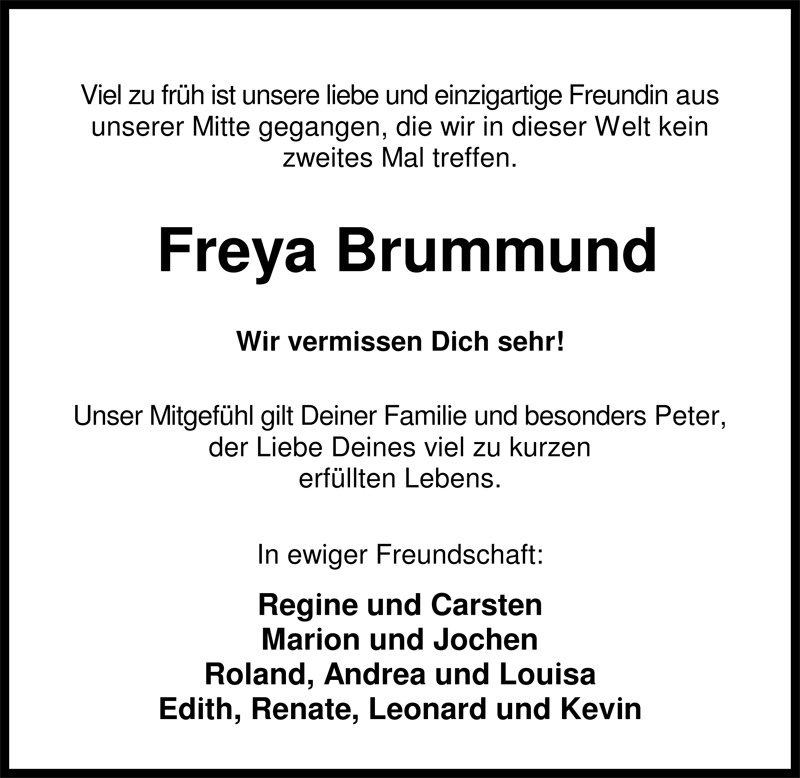  Traueranzeige für Freya Brummund vom 18.08.2009 aus Nordwest-Zeitung