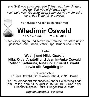Traueranzeige von Wladimir Oswald von Nordwest-Zeitung