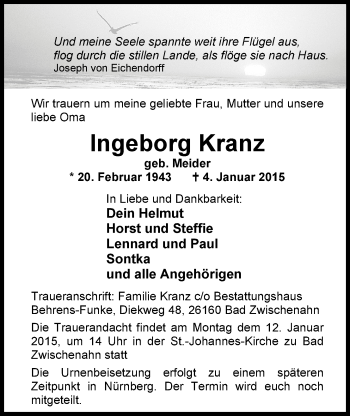 Traueranzeige von Ingeborg Kranz von Nordwest-Zeitung