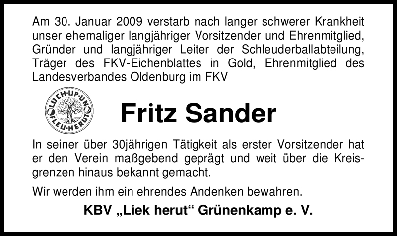  Traueranzeige für Fritz Sander vom 02.02.2009 aus Nordwest-Zeitung