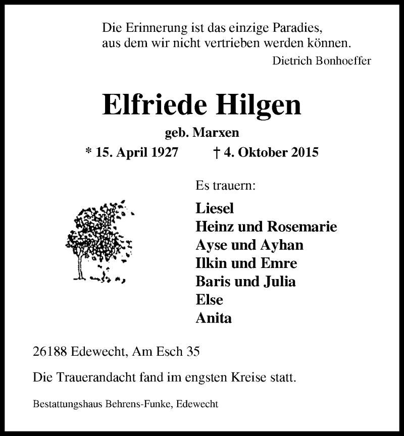  Traueranzeige für Elfriede Hilgen vom 07.10.2015 aus Nordwest-Zeitung