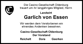 Traueranzeige von Garlich von Essen von Nordwest-Zeitung