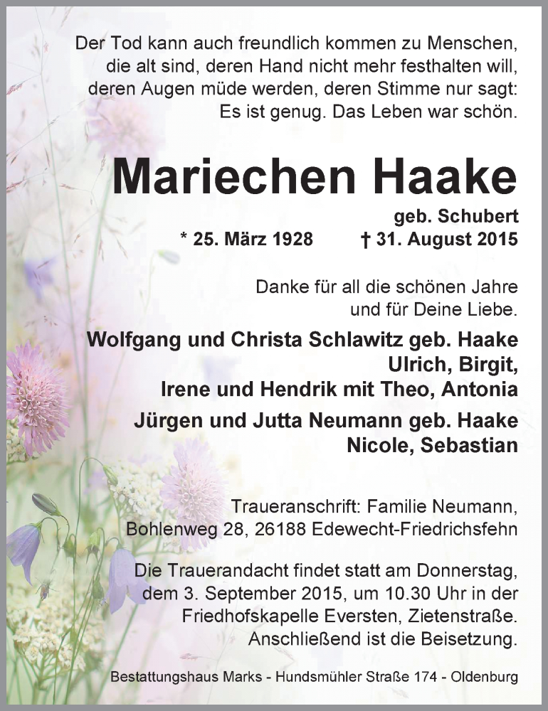  Traueranzeige für Mariechen Haake vom 02.09.2015 aus Nordwest-Zeitung