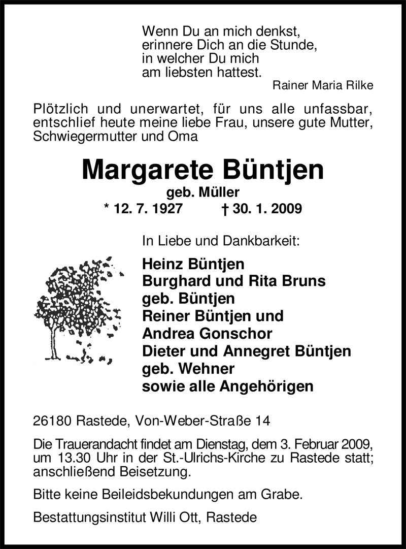  Traueranzeige für Margarete Büntjen vom 31.01.2009 aus Nordwest-Zeitung