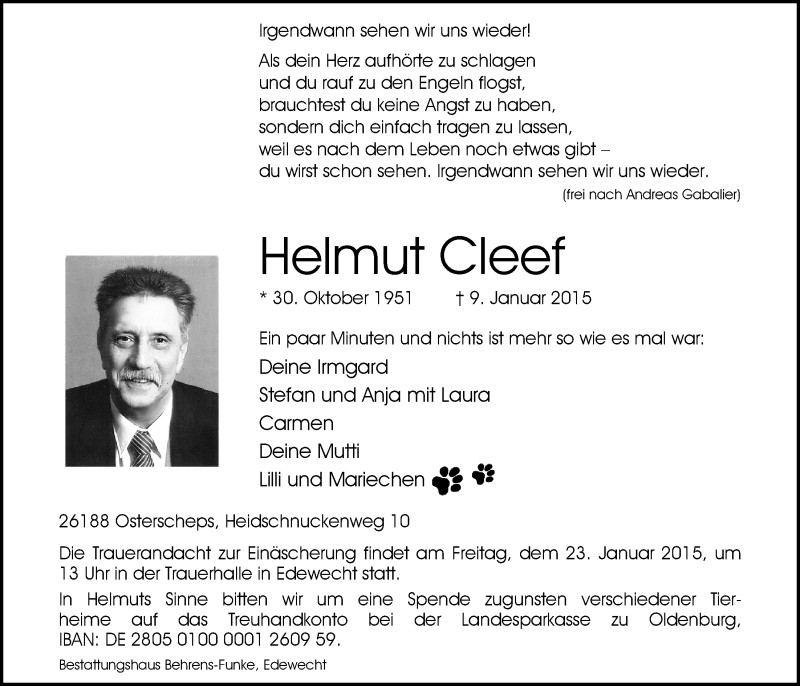  Traueranzeige für Helmut Cleef vom 17.01.2015 aus Nordwest-Zeitung